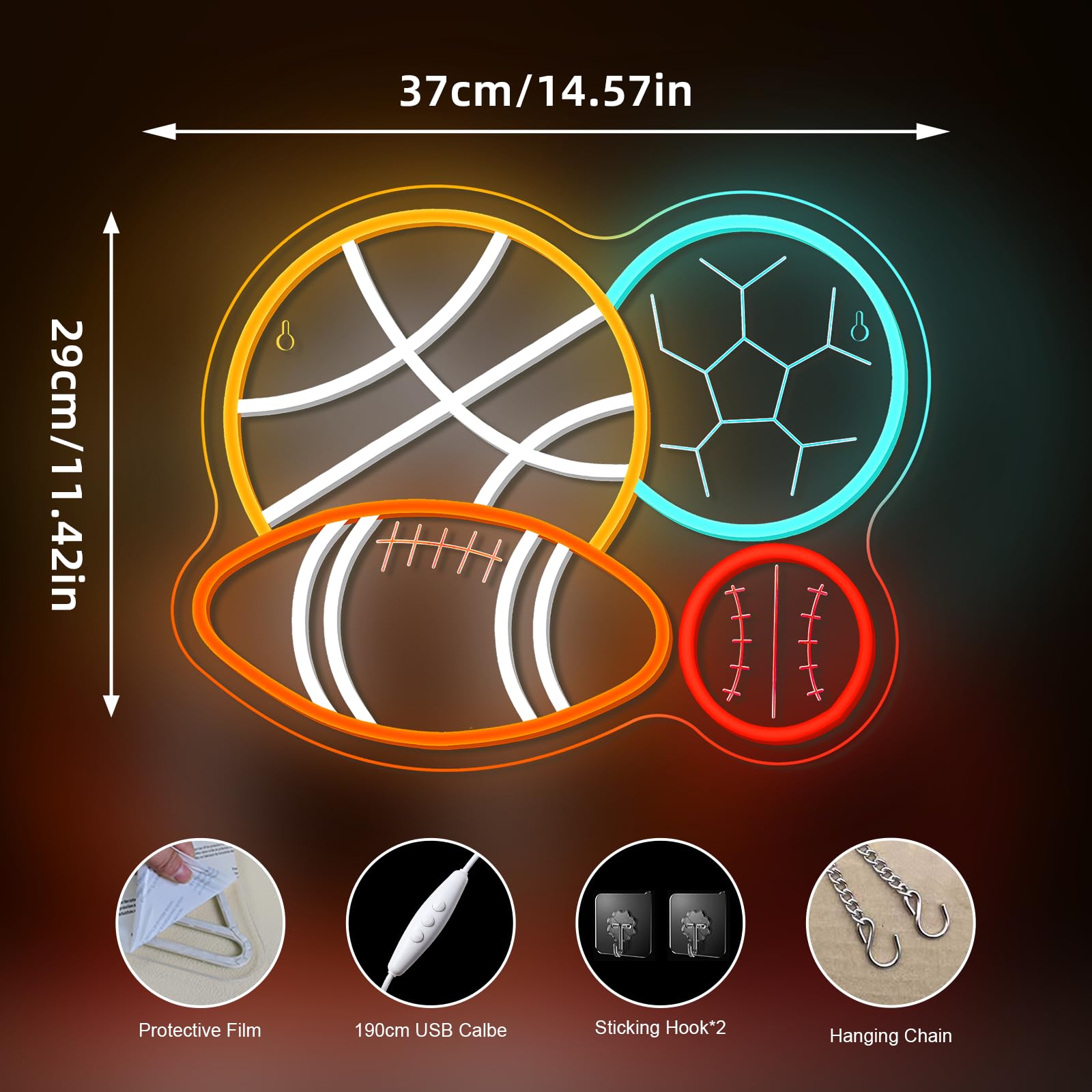 NOSUN 4 Ball Sport Combination Neon Sign for Boy's Bedroom Man